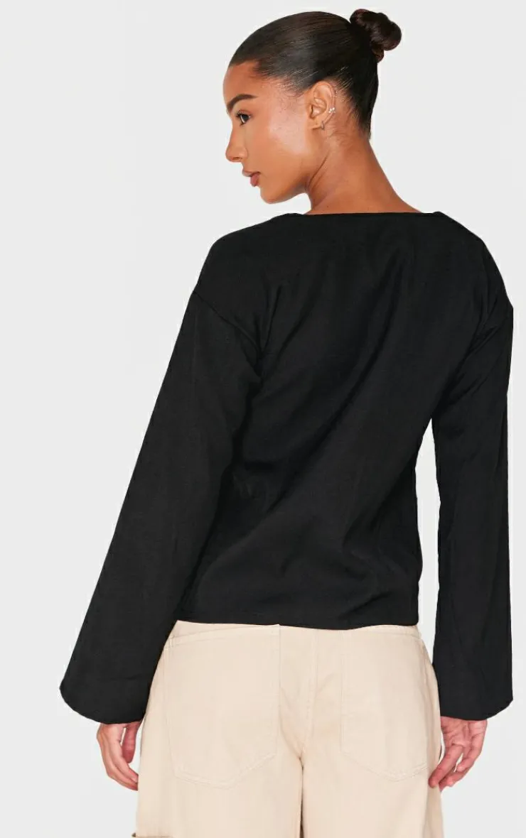 PrettyLittleThing Shirts*Woven Tie Front Flared Sleeve Shirt