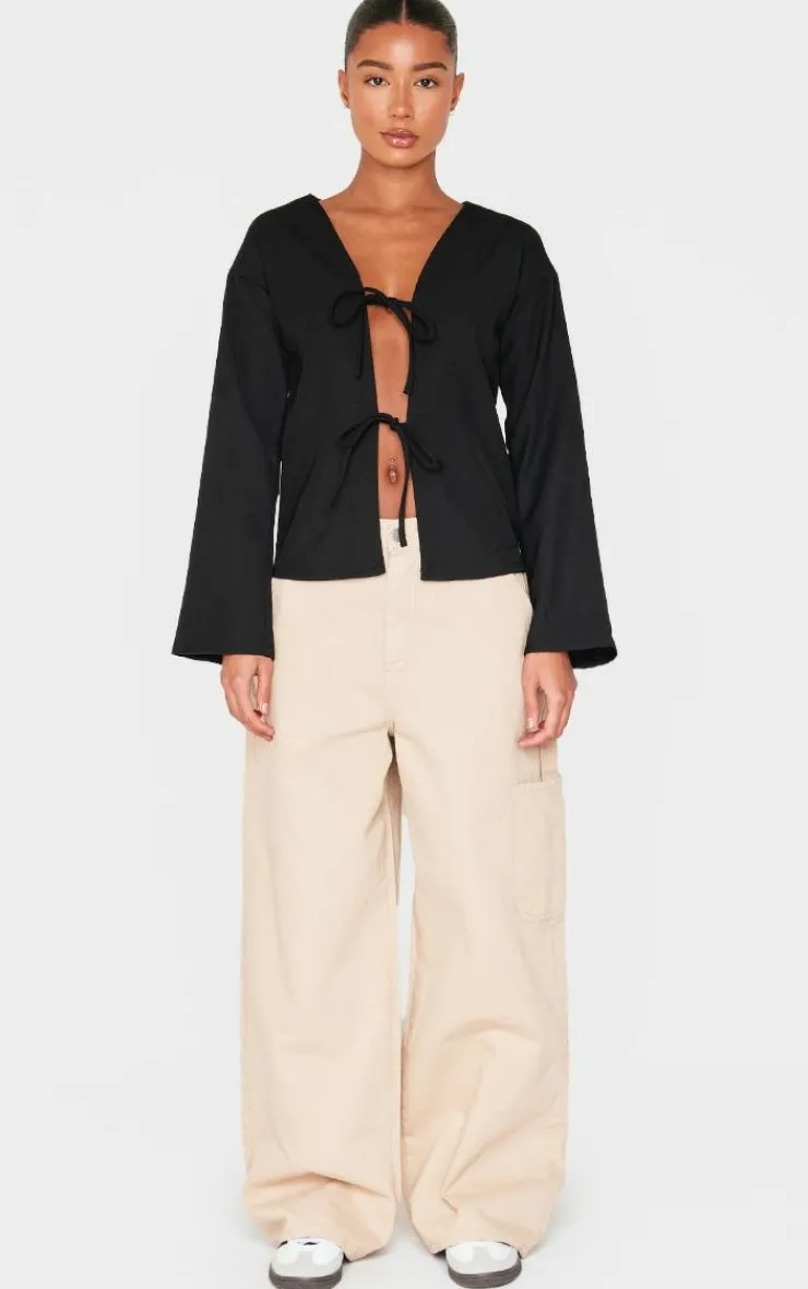 PrettyLittleThing Shirts*Woven Tie Front Flared Sleeve Shirt