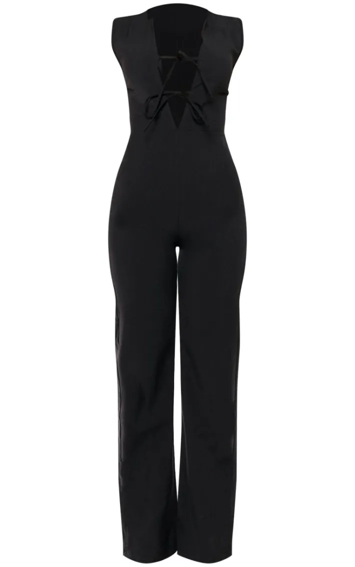 Black Woven Tie Front Tailored Jumpsuit