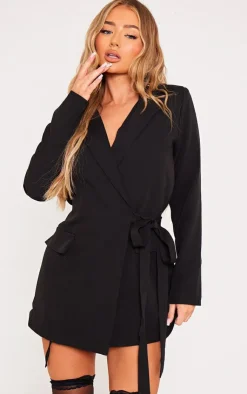 Woven Wrap Tie Blazer Dress-PrettyLittleThing