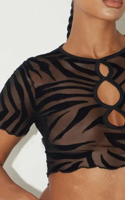Discount PrettyLittleThing Zebra Devore Cut Out Front Short Sleeve Crop Top Black