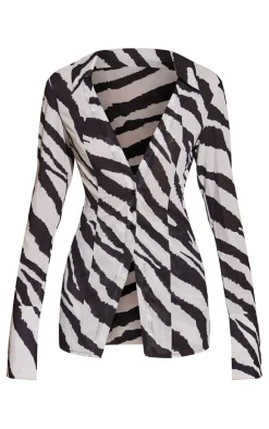 Hot PrettyLittleThing Zebra Print Chiffon Fitted Shirt Black