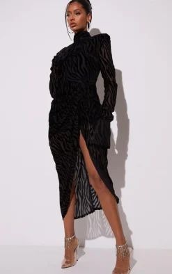 Zebra Print Devore High Neck Draped Midi Dress-PrettyLittleThing Online