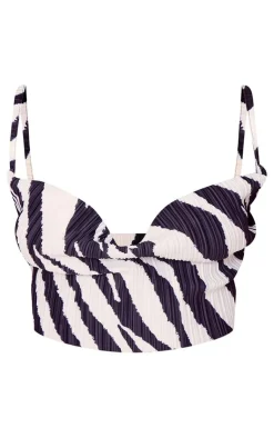 PrettyLittleThing Zebra Print Plisse Strappy Cowl Neck Top Black
