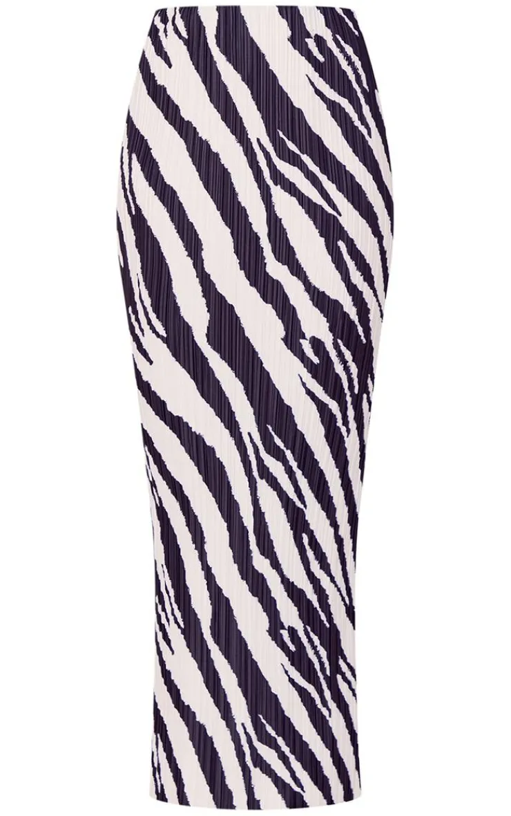 Hot PrettyLittleThing Zebra Print Plisse Maxi Skirt Black