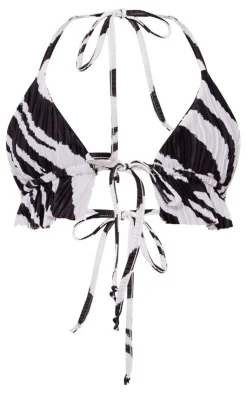 PrettyLittleThing Black Print Plisse Peplum Hem Halterneck Bralet Zebra