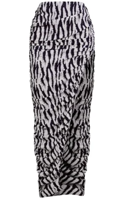 Discount PrettyLittleThing Zebra Print Woven Ruched Side Detail Split Leg Midaxi Skirt Black