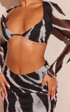 PrettyLittleThing Black Zebra Printed Mesh Long Sleeve Bralet Monochrome