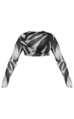 PrettyLittleThing Black Zebra Printed Mesh Long Sleeve Bralet Monochrome
