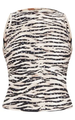 Zebra Printed Sheer Sequin Long Vest Top-PrettyLittleThing Online