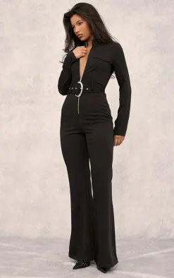 Black Zip Up Belted Tailored Cargo Jumpsuit