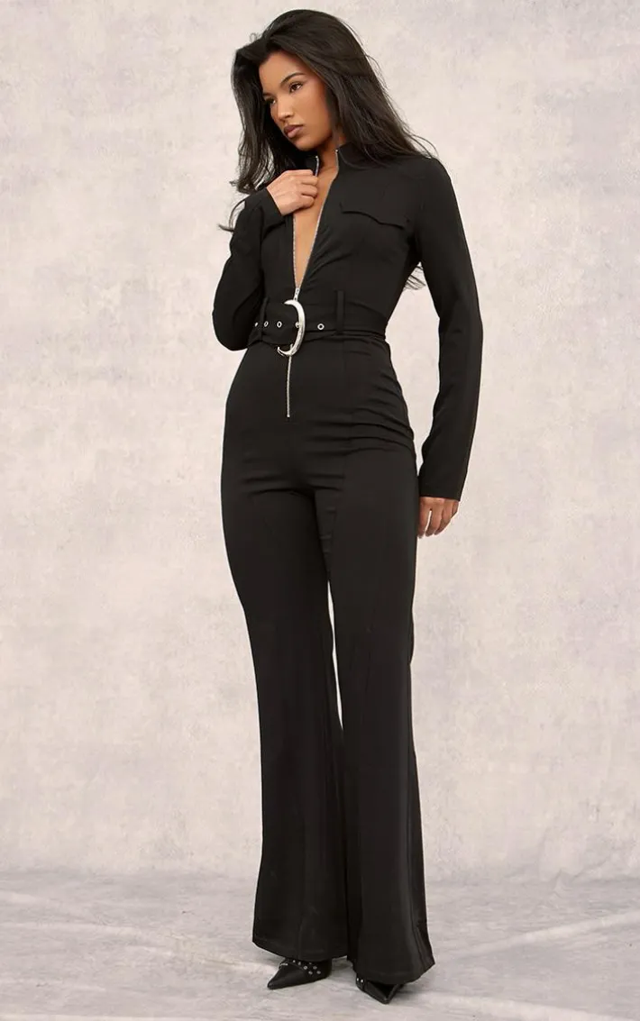 Black Zip Up Belted Tailored Cargo Jumpsuit