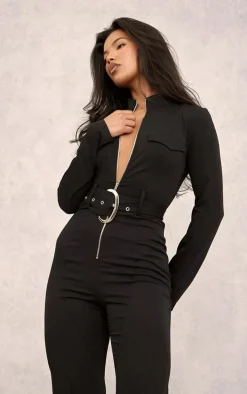 Black Zip Up Belted Tailored Cargo Jumpsuit