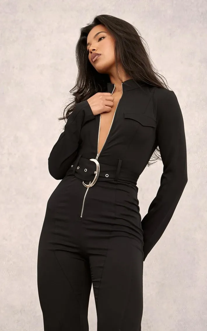 Black Zip Up Belted Tailored Cargo Jumpsuit