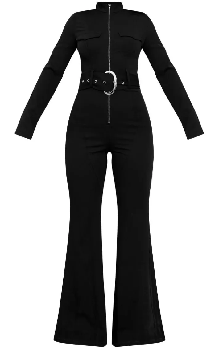 Black Zip Up Belted Tailored Cargo Jumpsuit