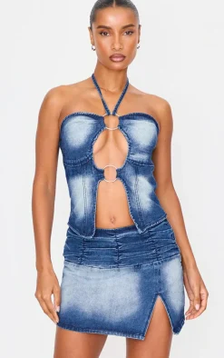 Online PrettyLittleThing Keyhole Detail Halterneck Denim Top Bleach Wash