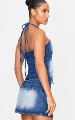 Online PrettyLittleThing Keyhole Detail Halterneck Denim Top Bleach Wash