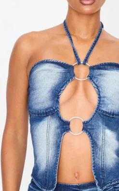 Online PrettyLittleThing Keyhole Detail Halterneck Denim Top Bleach Wash