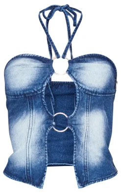 Online PrettyLittleThing Keyhole Detail Halterneck Denim Top Bleach Wash