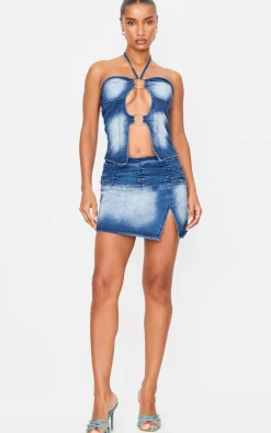 PrettyLittleThing Split Detail Denim Mini Skirt Bleach Wash
