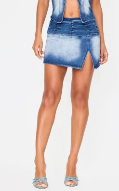 PrettyLittleThing Split Detail Denim Mini Skirt Bleach Wash