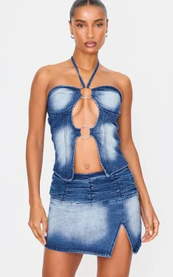 PrettyLittleThing Split Detail Denim Mini Skirt Bleach Wash