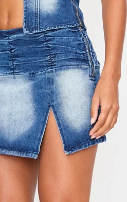 PrettyLittleThing Split Detail Denim Mini Skirt Bleach Wash