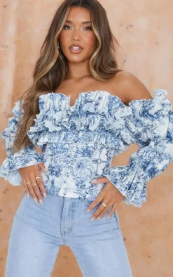 Porcelain Print Ruffle Hem Off Shoulder Long Sleeve Blouse-PrettyLittleThing Outlet