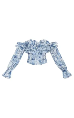 Porcelain Print Ruffle Hem Off Shoulder Long Sleeve Blouse-PrettyLittleThing Outlet