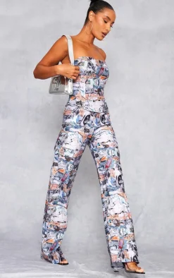 PrettyLittleThing Blue Abstract Collage Print Stretch Woven Low Rise Cargo Pants Indigo