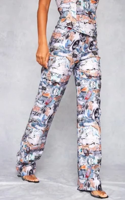 PrettyLittleThing Blue Abstract Collage Print Stretch Woven Low Rise Cargo Pants Indigo