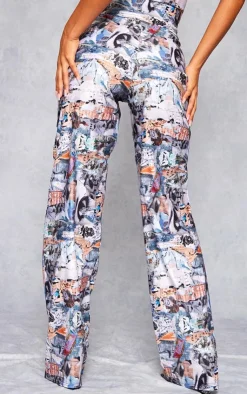 PrettyLittleThing Blue Abstract Collage Print Stretch Woven Low Rise Cargo Pants Indigo