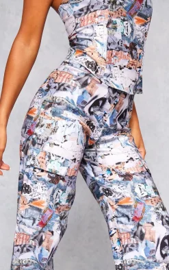PrettyLittleThing Blue Abstract Collage Print Stretch Woven Low Rise Cargo Pants Indigo