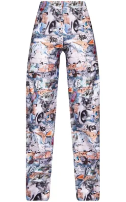 PrettyLittleThing Blue Abstract Collage Print Stretch Woven Low Rise Cargo Pants Indigo
