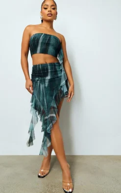 Clearance PrettyLittleThing Abstract Denim Print Mesh Ruffle Asymmetric Hem Midi Skirt Blue