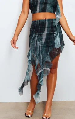 Clearance PrettyLittleThing Abstract Denim Print Mesh Ruffle Asymmetric Hem Midi Skirt Blue
