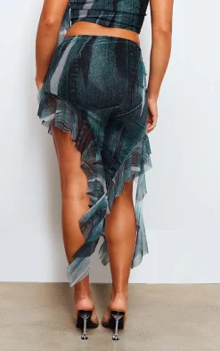 Clearance PrettyLittleThing Abstract Denim Print Mesh Ruffle Asymmetric Hem Midi Skirt Blue