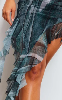 Clearance PrettyLittleThing Abstract Denim Print Mesh Ruffle Asymmetric Hem Midi Skirt Blue