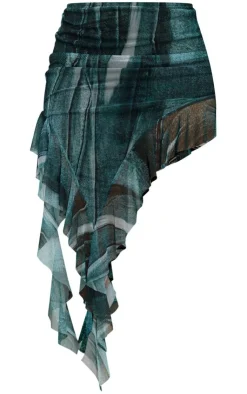 Clearance PrettyLittleThing Abstract Denim Print Mesh Ruffle Asymmetric Hem Midi Skirt Blue