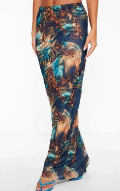 PrettyLittleThing Abstract Leopard Printed Onion Skin Maxi Skirt Blue