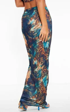 PrettyLittleThing Abstract Leopard Printed Onion Skin Maxi Skirt Blue
