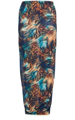 PrettyLittleThing Abstract Leopard Printed Onion Skin Maxi Skirt Blue