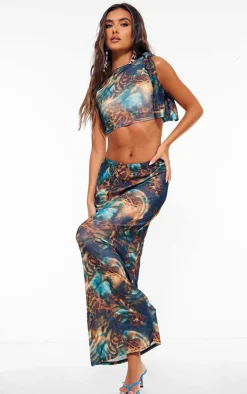 Sale PrettyLittleThing Abstract Leopard Printed Onion Skin Knot Drape Crop Top Blue