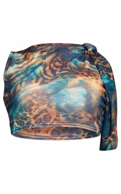Sale PrettyLittleThing Abstract Leopard Printed Onion Skin Knot Drape Crop Top Blue