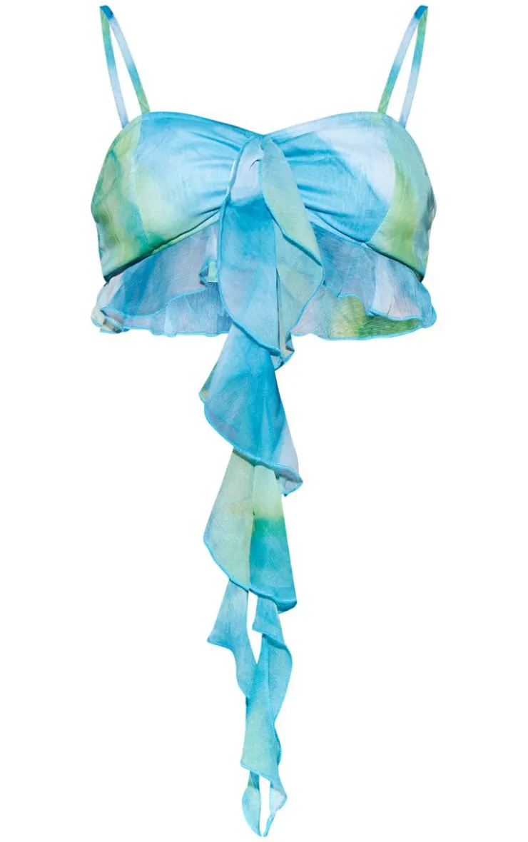 Best PrettyLittleThing Abstract Print Chiffon Frill Detail Crop Top Blue