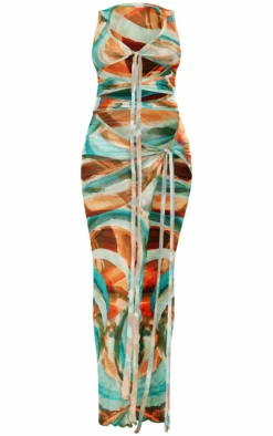 Abstract Print Crinkle Mesh Tie Cut Out Maxi Dress-PrettyLittleThing Hot