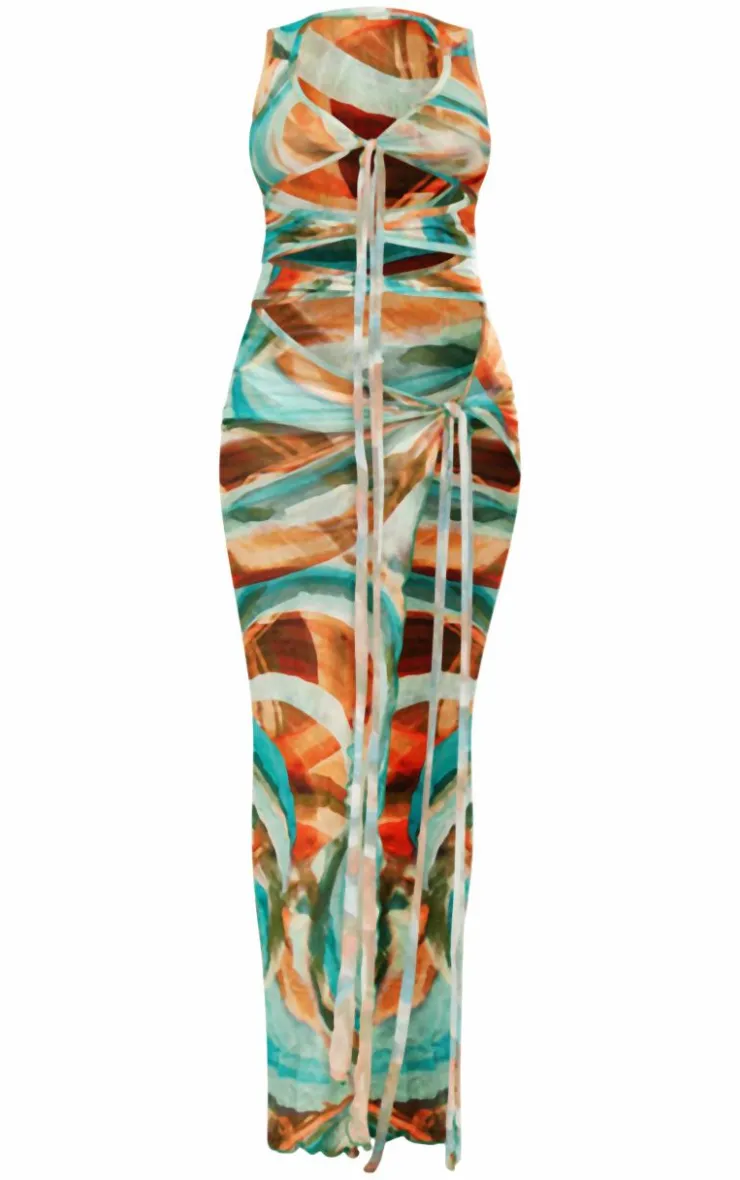 Abstract Print Crinkle Mesh Tie Cut Out Maxi Dress-PrettyLittleThing Hot