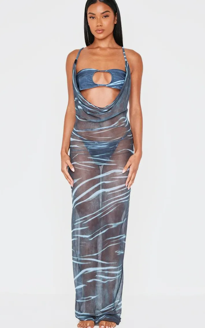 Blue Abstract Print Deep Plunge Maxi Beach Dress