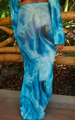 Blue Abstract Print Mesh Ruched Maxi Beach Skirt