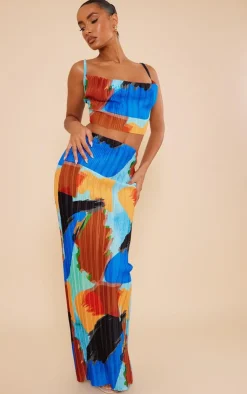 PrettyLittleThing Abstract Print Plisse Maxi Skirt Blue